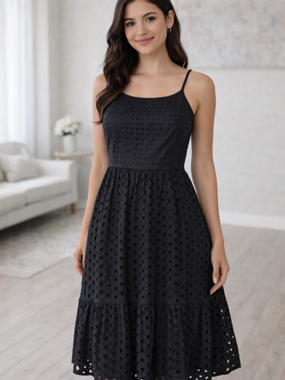 LOFT Black Eyelet Spaghetti-Strap Midi Dress